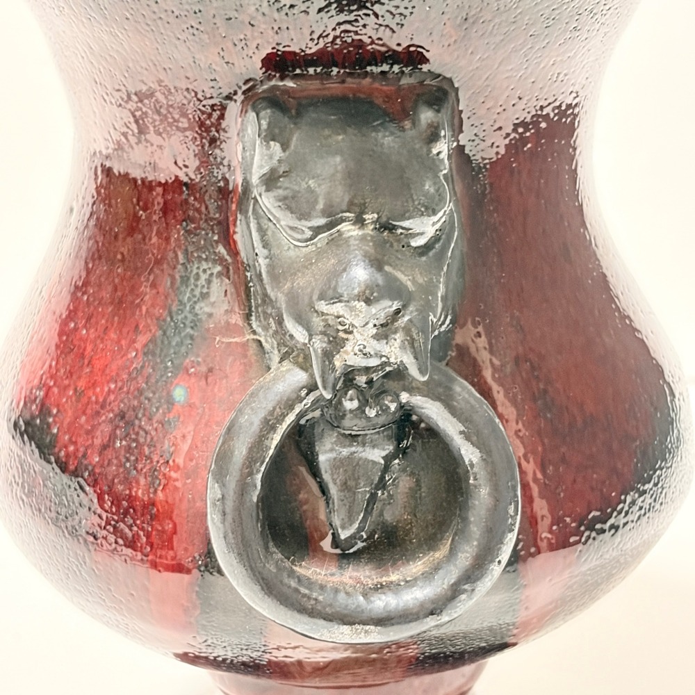 RARE Gargoyle Handle Urn Vase Oxblood Red Black Volcanic Glaze Terracotta 8.5" - Picture 5 of 16